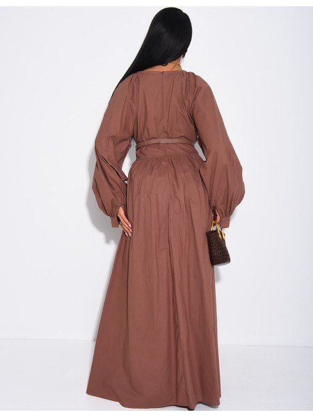 Robe longue en coton plissée à ceinturé