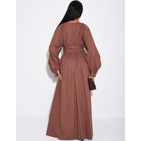 Robe longue en coton plissée à ceinturé