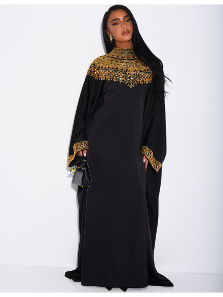 Abaya papillon en satin premium et sequins argentés