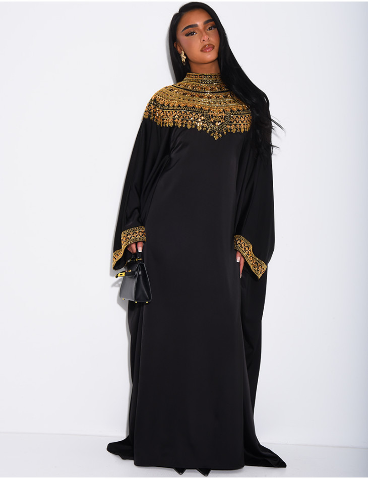 Abaya papillon en satin premium et sequins argentés