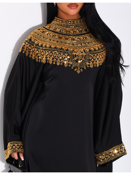 Abaya papillon en satin premium et sequins argentés