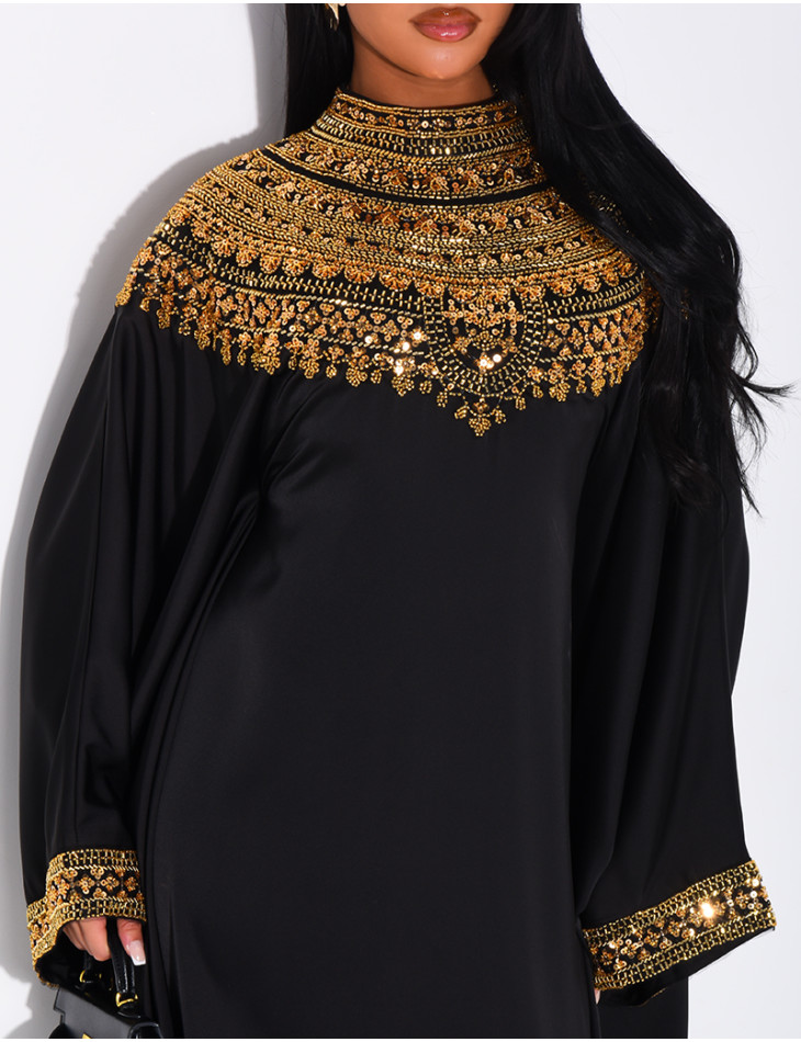 Abaya papillon en satin premium et sequins argentés