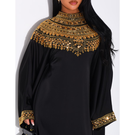 Abaya papillon en satin premium et sequins argentés