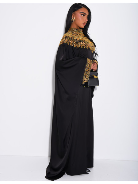Abaya papillon en satin premium et sequins argentés