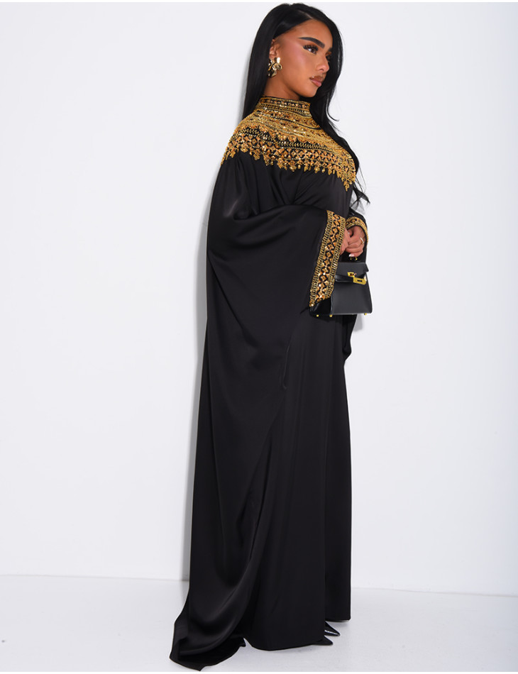 Abaya papillon en satin premium et sequins argentés