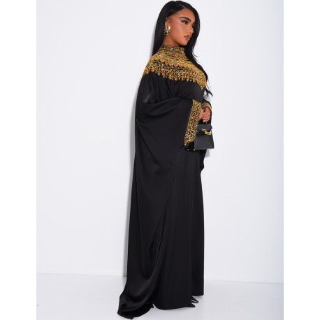 Abaya papillon en satin premium et sequins argentés