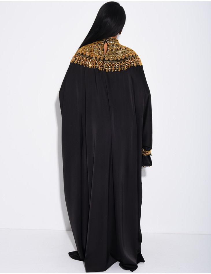 Abaya papillon en satin premium et sequins argentés