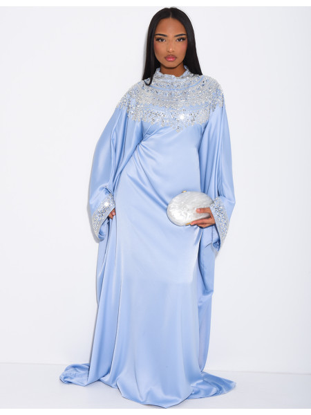 Abaya papillon en satin premium et sequins argentés