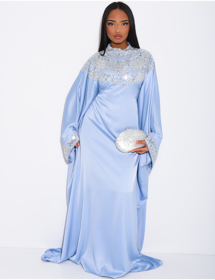 Abaya papillon en satin premium et sequins argentés