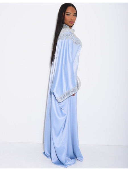 Abaya papillon en satin premium et sequins argentés