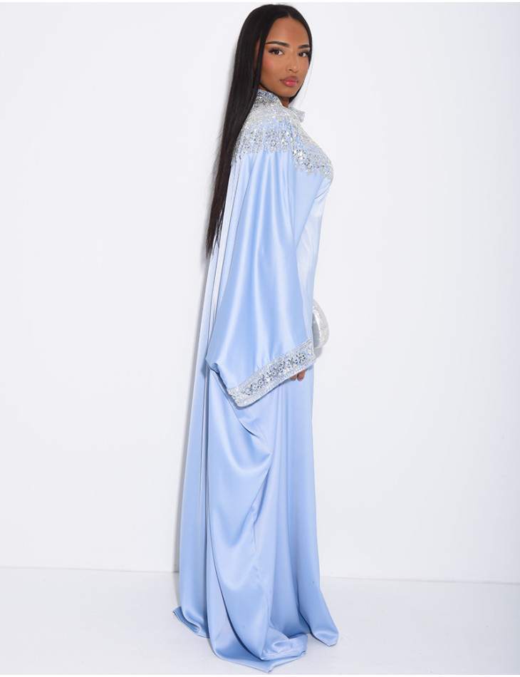 Abaya papillon en satin premium et sequins argentés