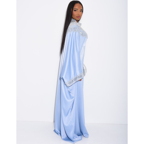 Abaya papillon en satin premium et sequins argentés