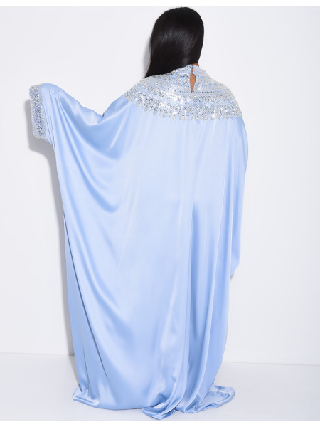 Abaya papillon en satin premium et sequins argentés
