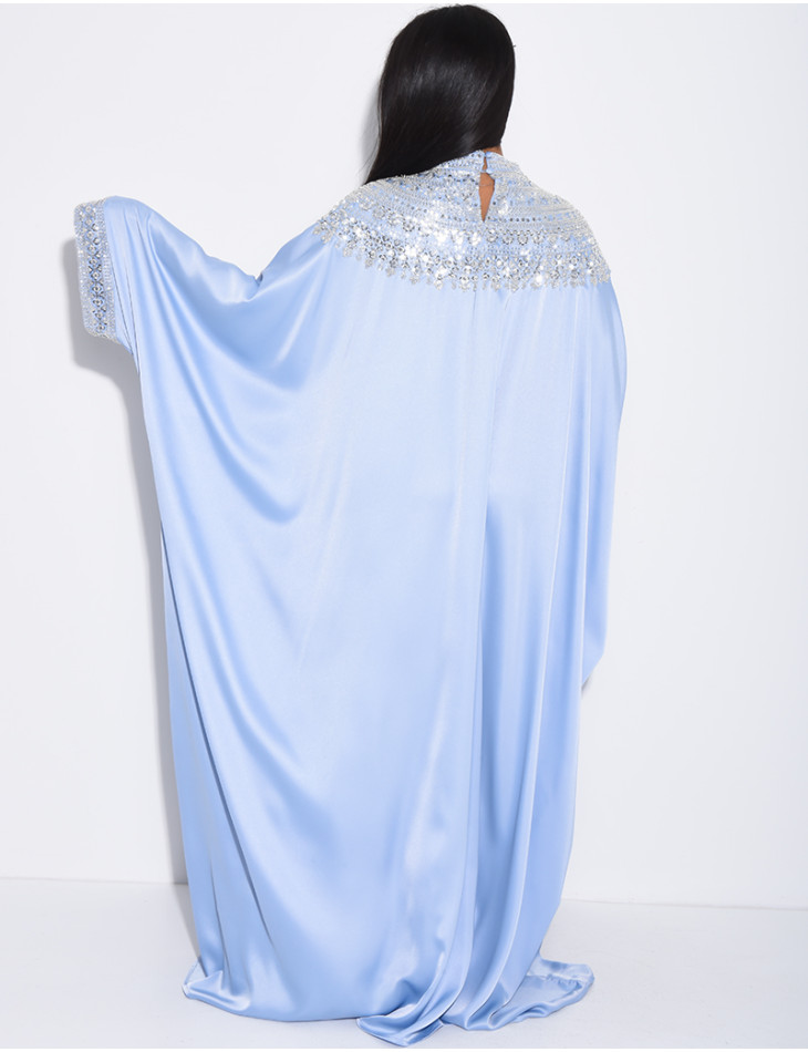 Abaya papillon en satin premium et sequins argentés