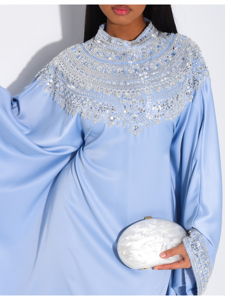 Abaya papillon en satin premium et sequins argentés