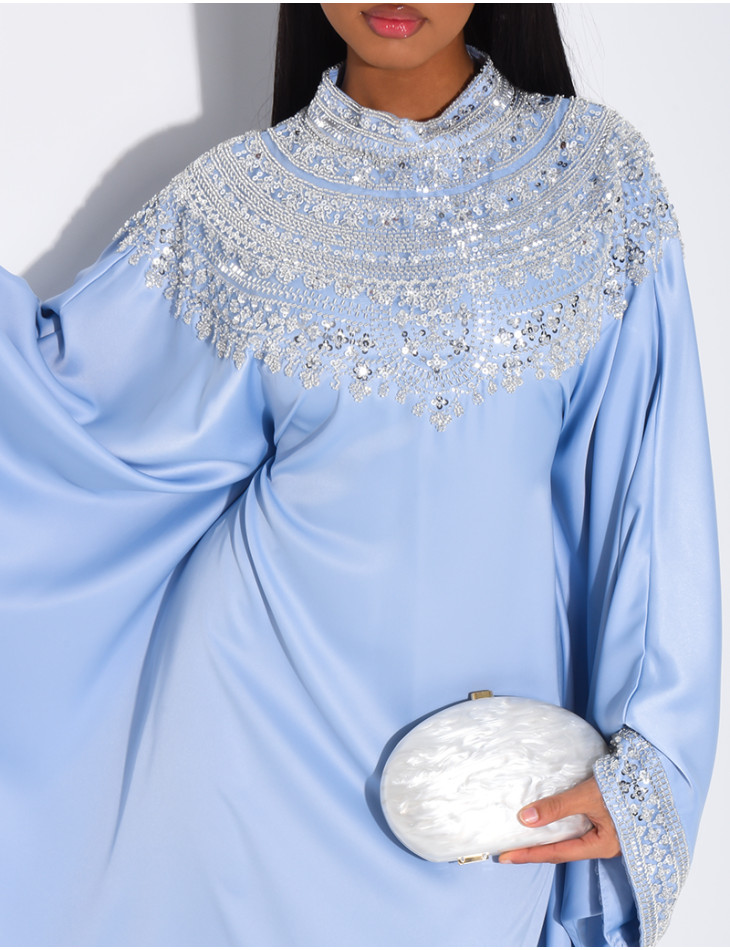 Abaya papillon en satin premium et sequins argentés