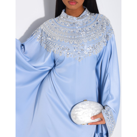 Abaya papillon en satin premium et sequins argentés