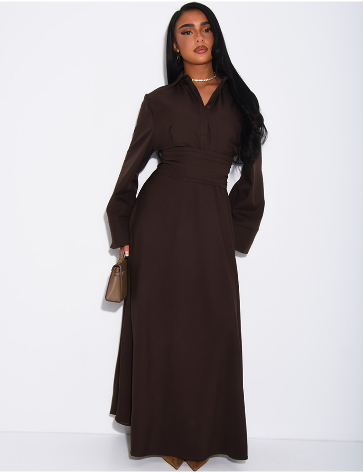 Long shirt dress with belted waist and draped effect