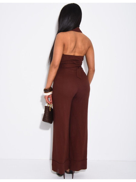 Combinaison pantalon dos nu en lin à ceinture assortie