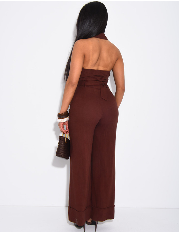 Combinaison pantalon dos nu en lin à ceinture assortie