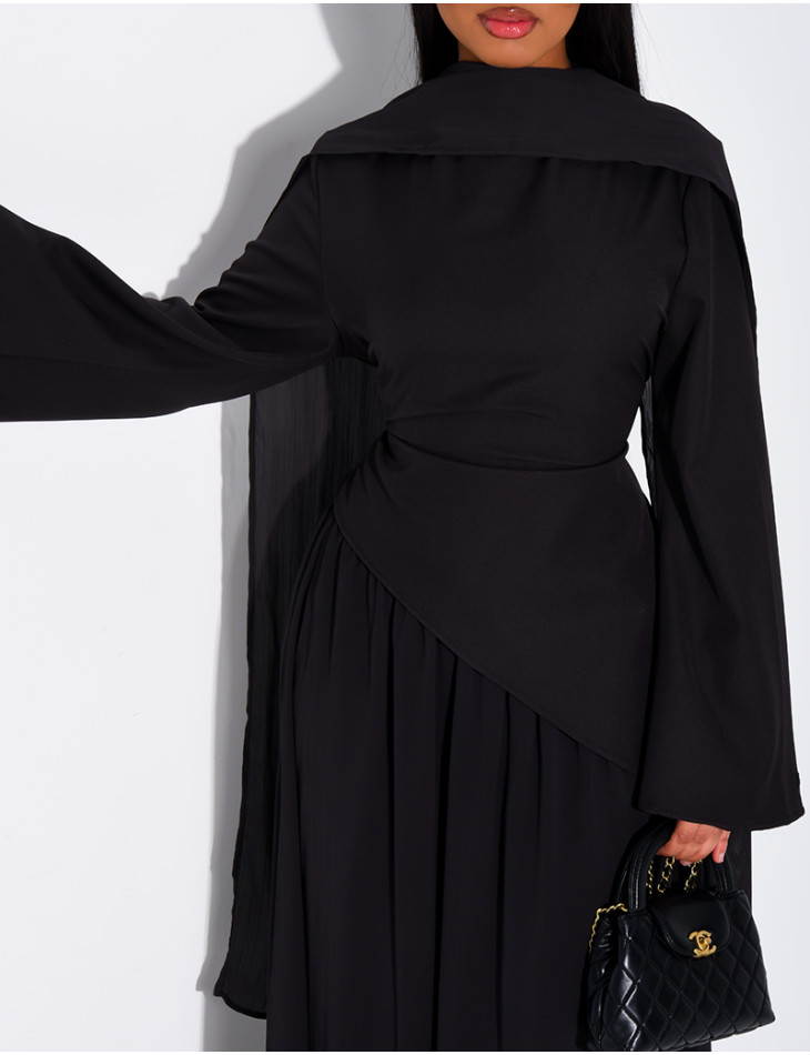 Ensemble jupe longue en mousseline et top asymétrique cintré + châle