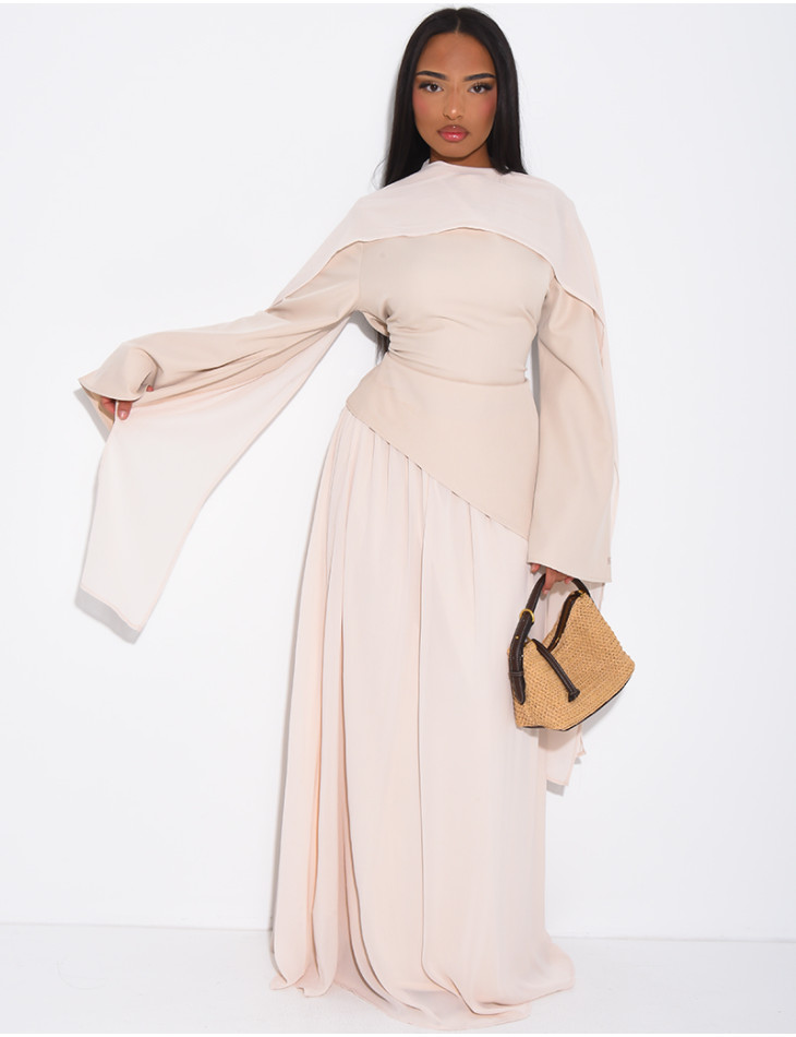 Ensemble jupe longue en mousseline et top asymétrique cintré + châle