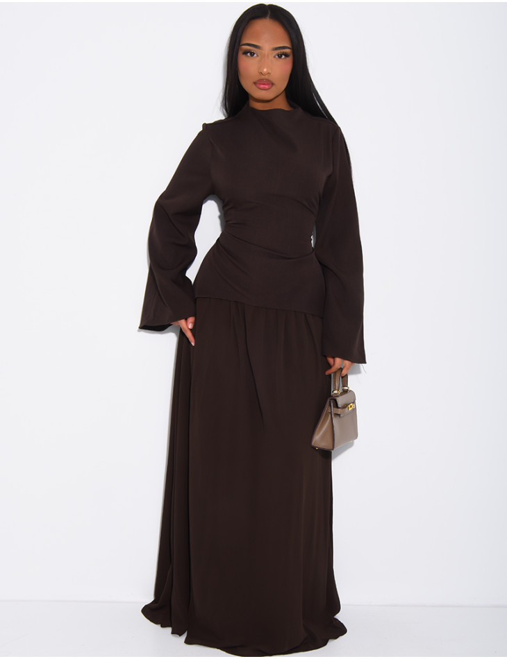 2-teiliges Set aus taillierter Bluse und plissiertem Rock aus Voile