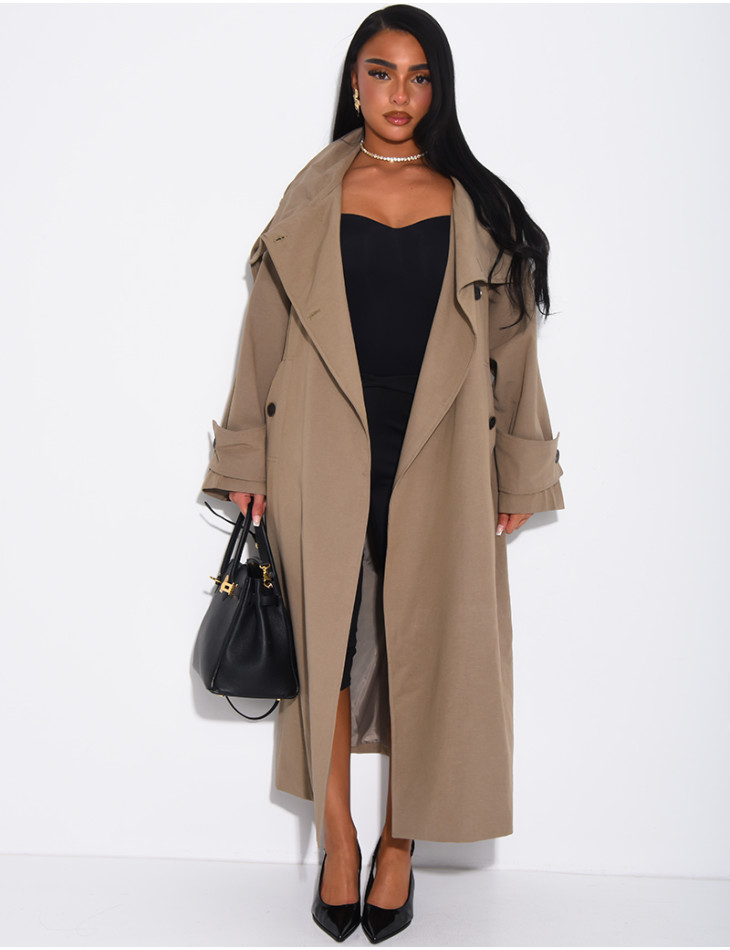 Trench long et oversize texturé à ceinture à la taille