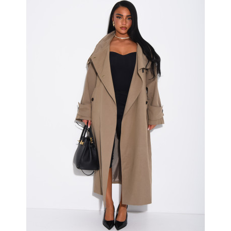 Trench long et oversize texturé à ceinture à la taille