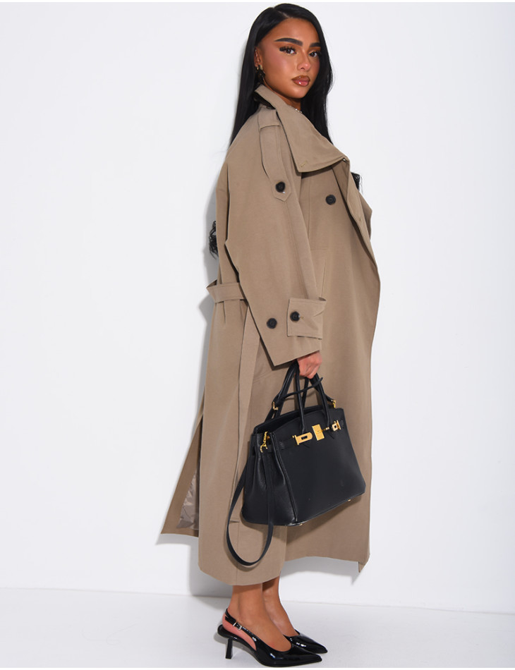 Trench long et oversize texturé à ceinture à la taille