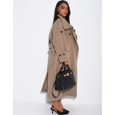 Trench long et oversize texturé à ceinture à la taille