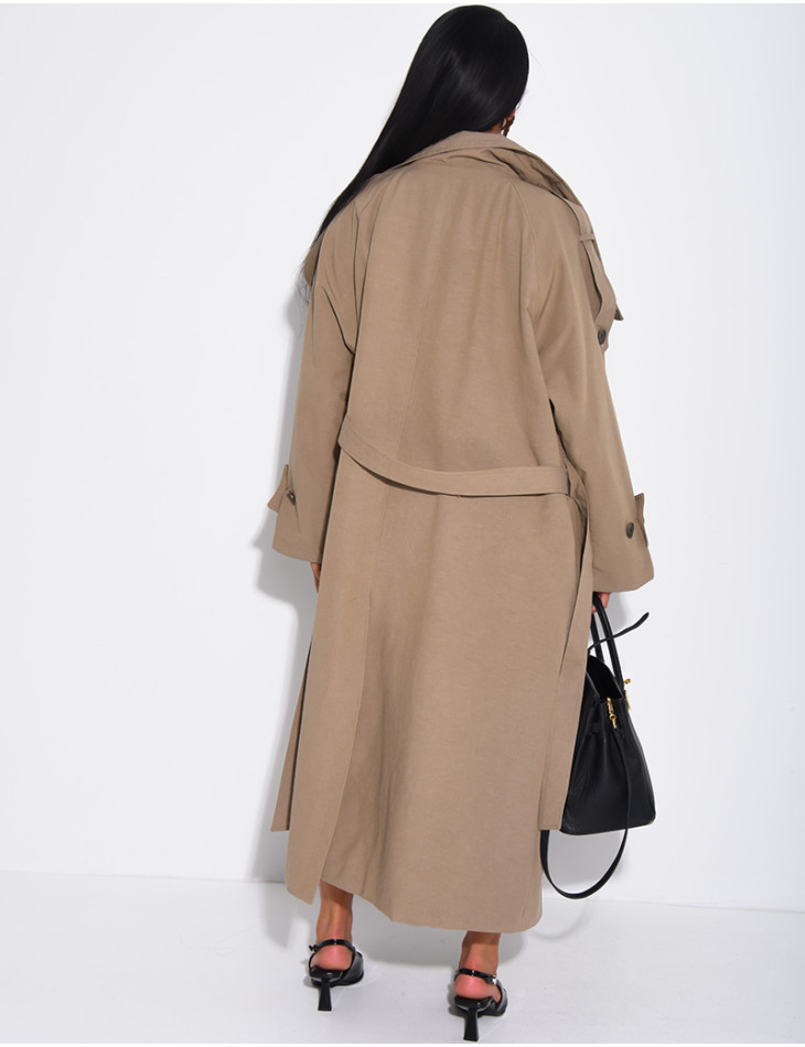 Trench long et oversize texturé à ceinture à la taille