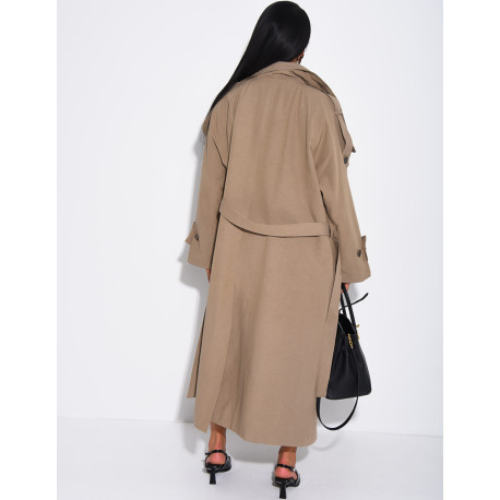 Trench long et oversize texturé à ceinture à la taille