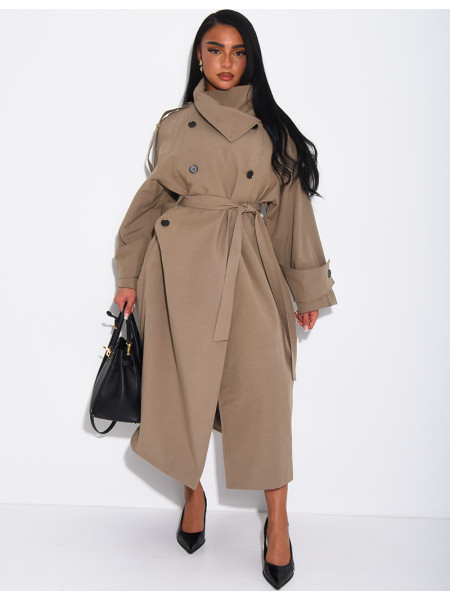 Trench long et oversize texturé à ceinture à la taille