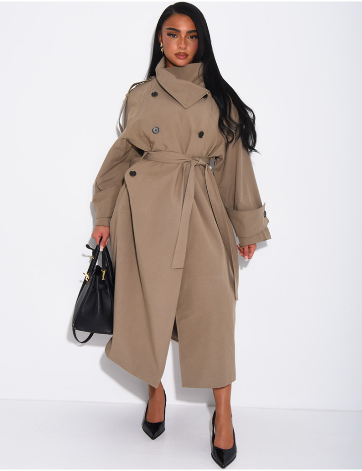 Trench long et oversize texturé à ceinture à la taille