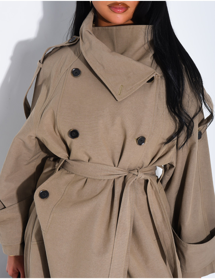 Trench long et oversize texturé à ceinture à la taille