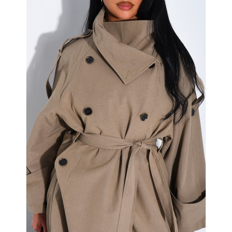 Trench long et oversize texturé à ceinture à la taille