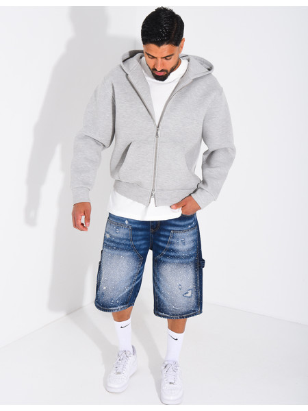 Short en jeans à empiècements contrastant & strass