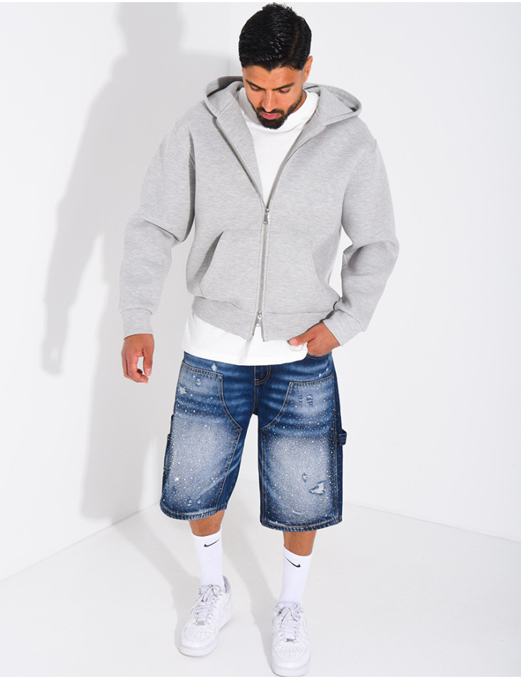 Short en jeans à empiècements contrastant & strass