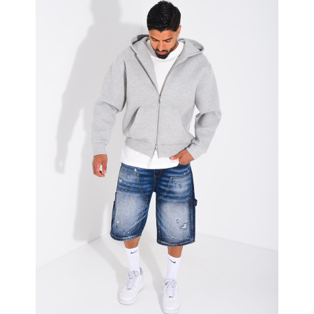 Short en jeans à empiècements contrastant & strass