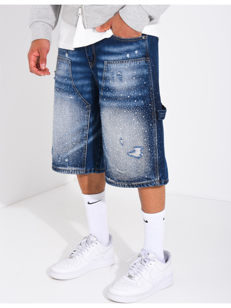 Short en jeans à empiècements contrastant & strass