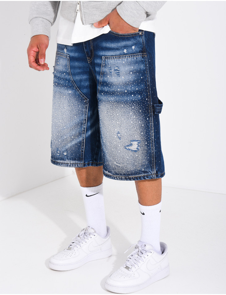 Short en jeans à empiècements contrastant & strass