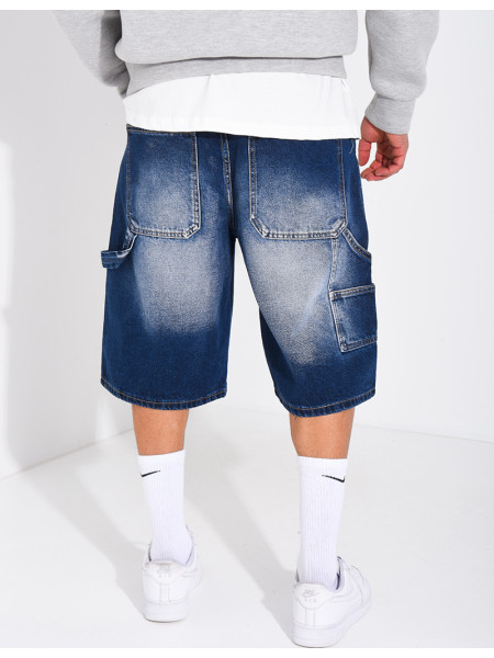 Short en jeans à empiècements contrastant & strass