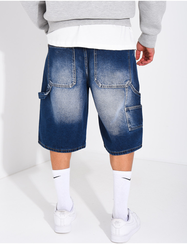 Short en jeans à empiècements contrastant & strass