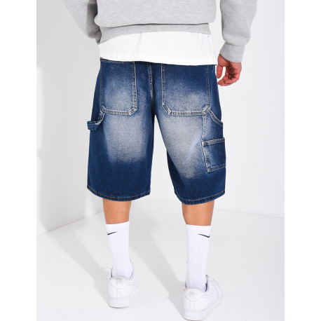 Short en jeans à empiècements contrastant & strass