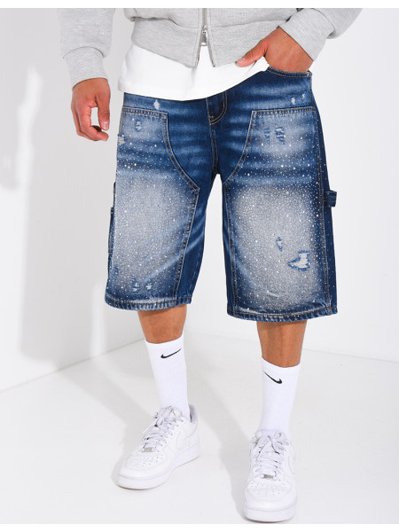 Short en jeans à empiècements contrastant & strass