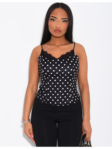 Débardeur moulant à pois et bordures en dentelle