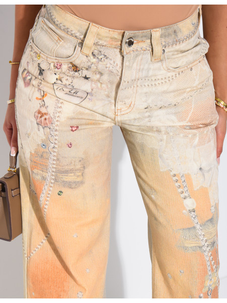 Jeans coupe droite à motifs imprimés dans les tons camel