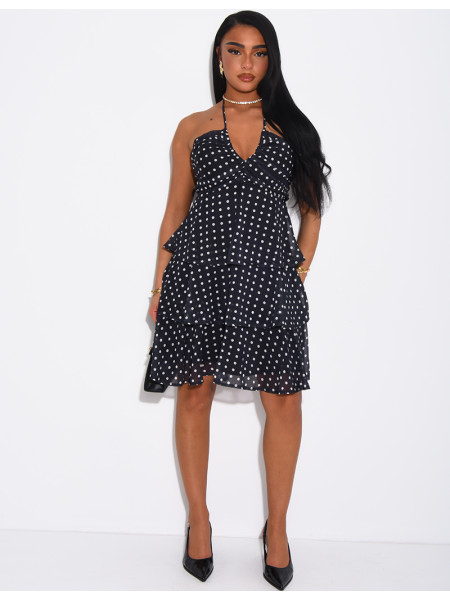 Robe courte en voile à volants & à pois