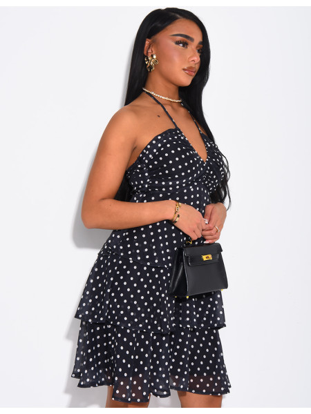 Robe courte en voile à volants & à pois